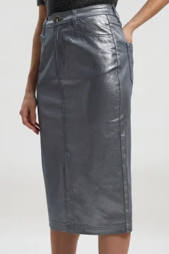 KarenMillen Jupe Crayon Mi-Longue en Denim à Revêtement Métallisé<Femme Jupes|Denim
