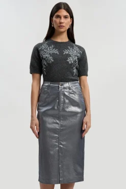 KarenMillen Jupe Crayon Mi-Longue en Denim à Revêtement Métallisé<Femme Jupes|Denim