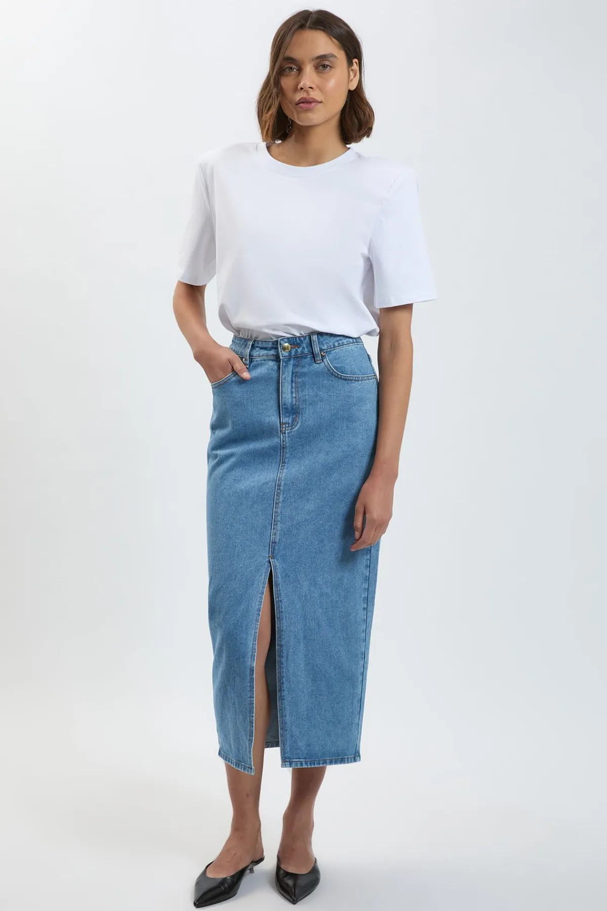 KarenMillen Jupe Crayon Mi-longue En Denim Forever Petite À 5 Poches<Femme Jupes|Denim