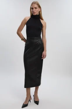 Jupe Crayon Mi-Longue en synthétique avec Détail Couture à la Taille - Petite Taille
