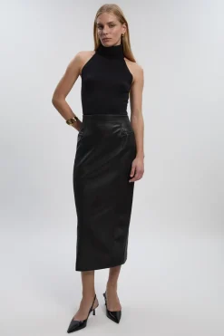 Jupe Crayon Mi-Longue en synthétique avec Détail Couture à la Taille