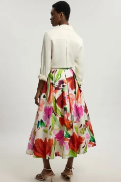 Jupe De Cérémonie En Viscose Et Lin À Imprimé Floral Tissé
