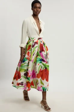 Jupe De Cérémonie En Viscose Et Lin À Imprimé Floral Tissé