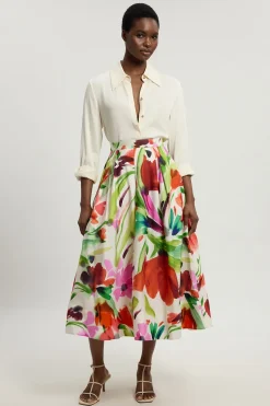 Jupe De Cérémonie En Viscose Et Lin À Imprimé Floral Tissé
