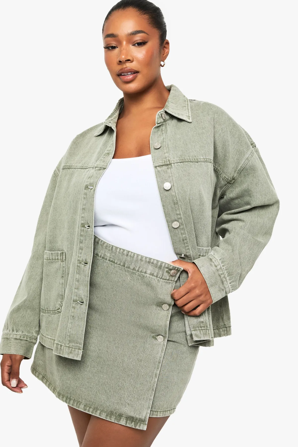 boohoo Jupe en denim khaki délavé Plus<Femme Jupes|Denim