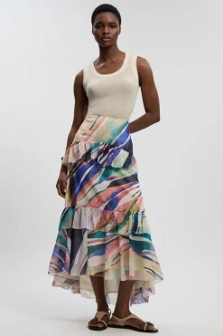 KarenMillen Jupe Longue En Mousseline De Soie Froissée Tissée À Imprimé Marbré<Femme Jupes|Jupes