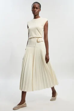 Jupe Longue Petite en Crêpe Tailleur Plissée Portefeuille avec Détail Boucle