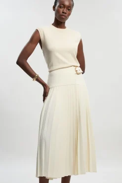 Jupe Longue Petite en Crêpe Tailleur Plissée Portefeuille avec Détail Boucle