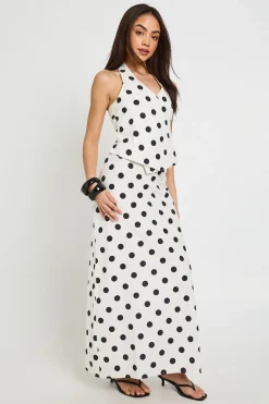 Jupe Longue Taille Basse À Pois Effet Lin