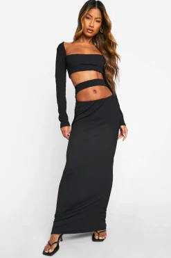 boohoo Jupe maxi colonne à côtes avec découpe à la taille<Femme Jupes|Jupes