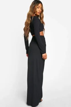 boohoo Jupe maxi colonne à côtes avec découpe à la taille<Femme Jupes|Jupes