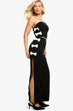 Jupe Maxi Colonne à Fente Cuisse avec Nœud Contrastant