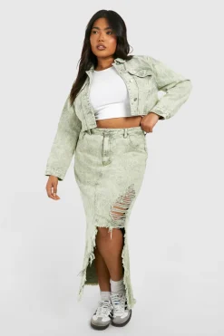 Jupe Maxi en Denim Déchiré Acid Wash Khaki Plus