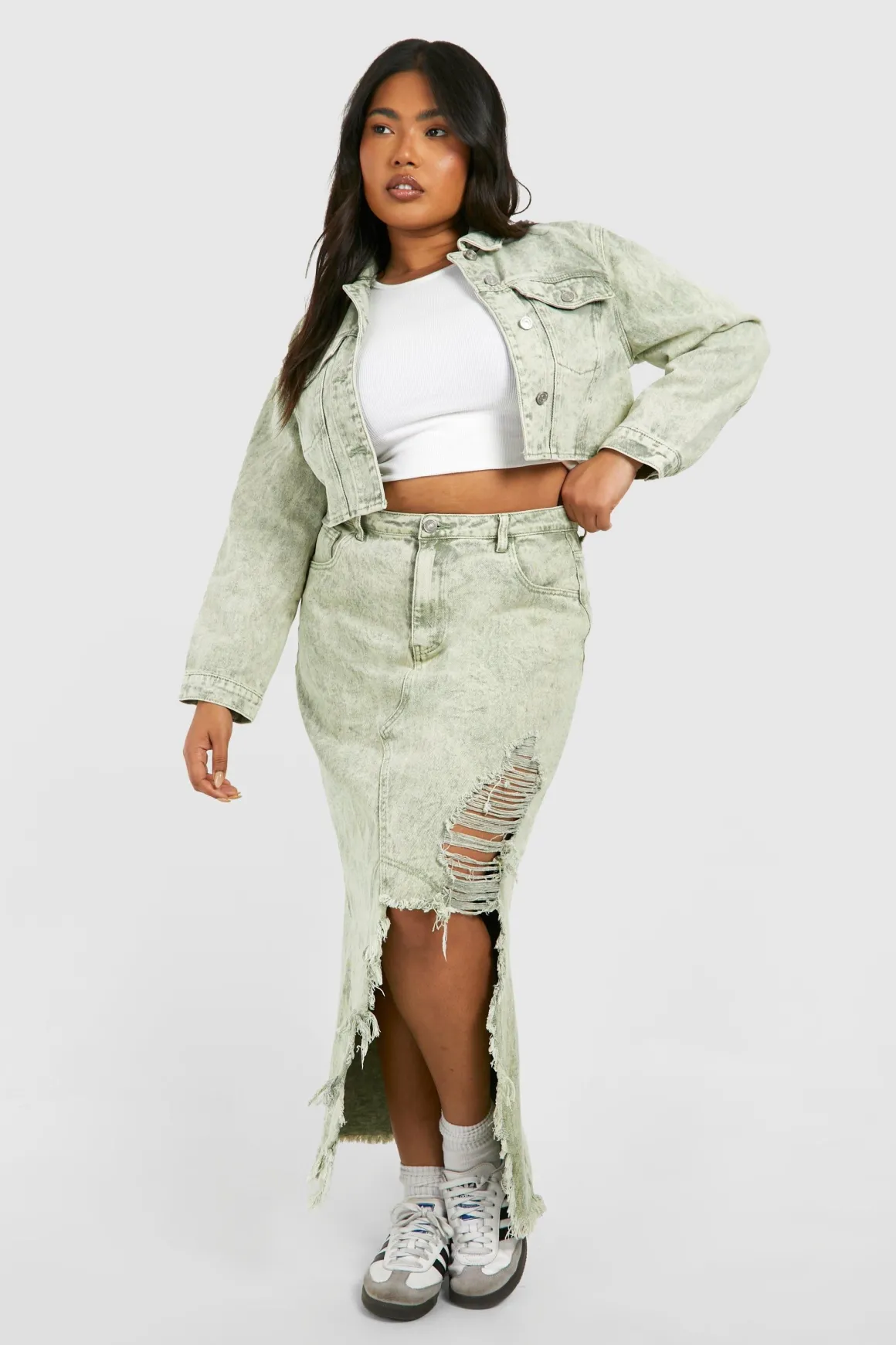 Jupe Maxi en Denim Déchiré Acid Wash Khaki Plus