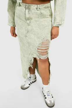 Jupe Maxi en Denim Déchiré Acid Wash Khaki Plus