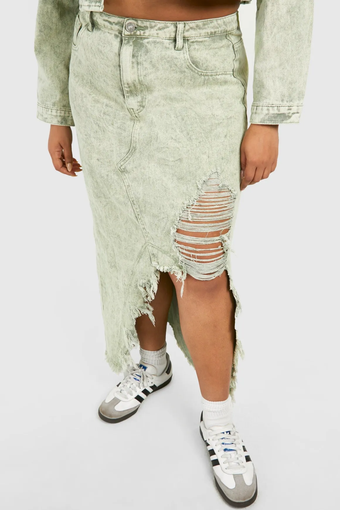 Jupe Maxi en Denim Déchiré Acid Wash Khaki Plus
