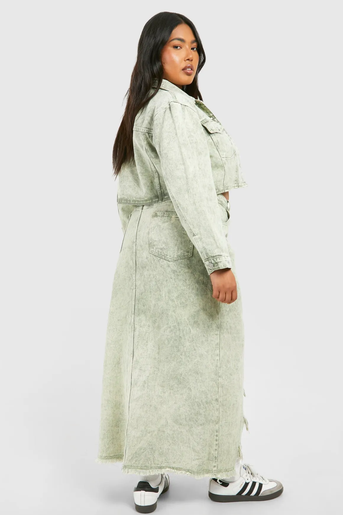 Jupe Maxi en Denim Déchiré Acid Wash Khaki Plus