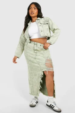 Jupe Maxi en Denim Déchiré Acid Wash Khaki Plus