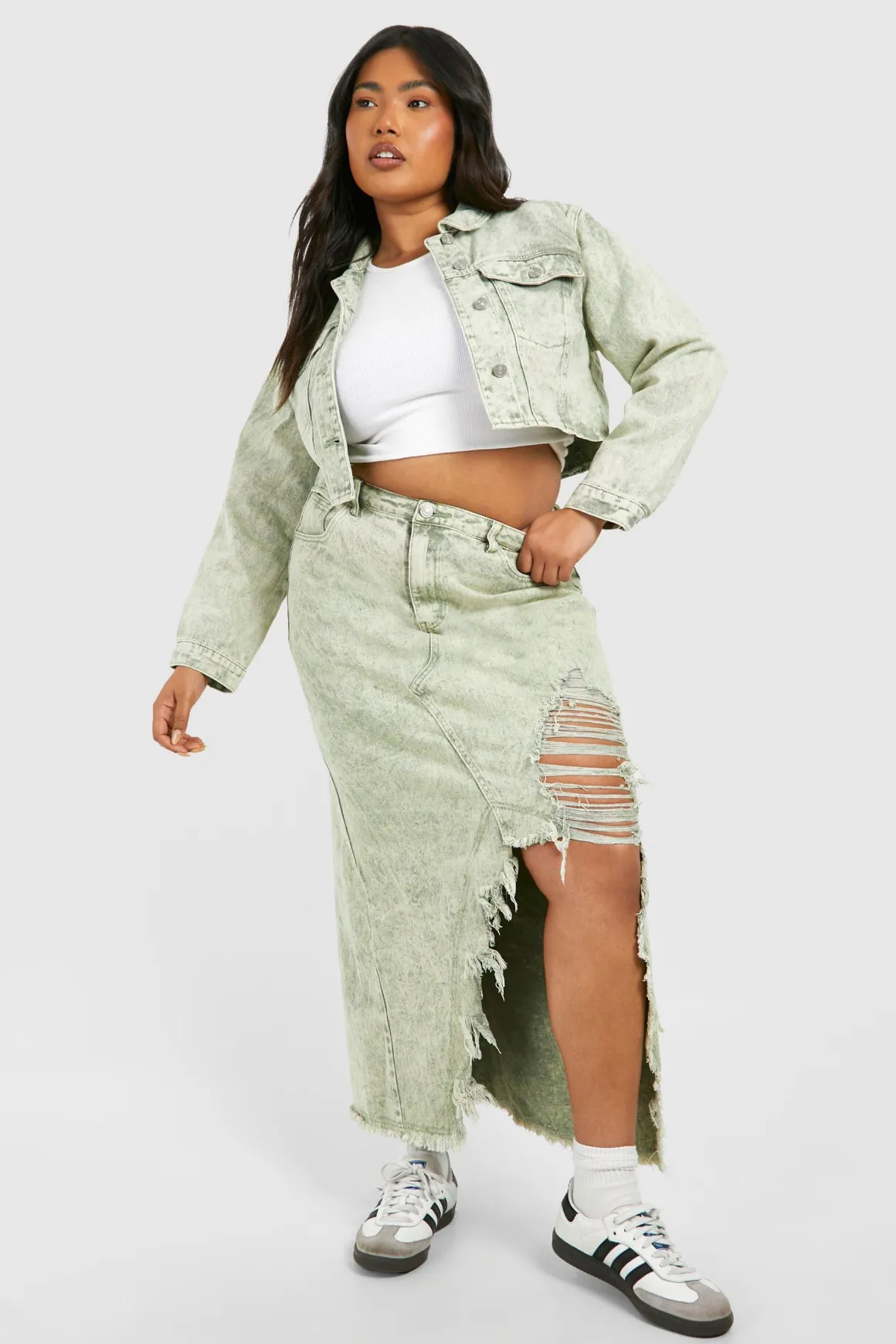 Jupe Maxi en Denim Déchiré Acid Wash Khaki Plus