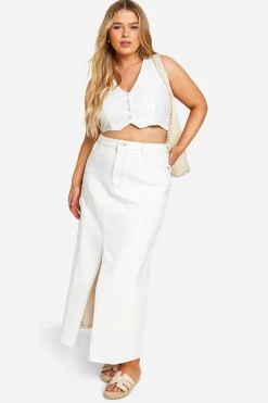Jupe maxi en denim à fente avant Plus Ecru Denim