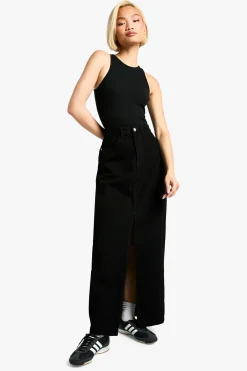 boohoo Jupe maxi en denim à fente frontale basique<Femme Jupes|Denim