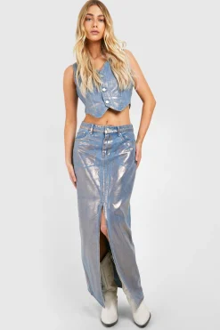 Jupe Maxi en Denim Métallique à Fente Avant