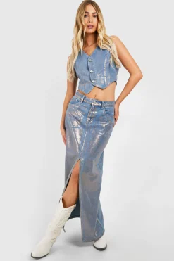 Jupe Maxi en Denim Métallique à Fente Avant