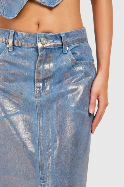 Jupe Maxi en Denim Métallique à Fente Avant