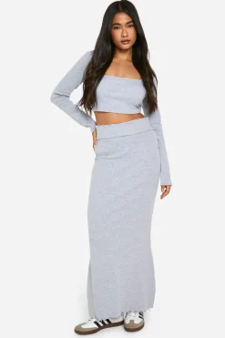 Jupe maxi en maille côtelée à ourlet effiloché