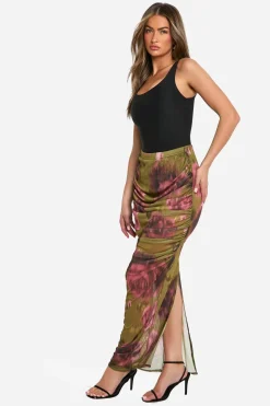 Jupe maxi en maille florale froncée