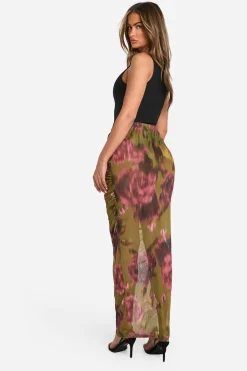 Jupe maxi en maille florale froncée