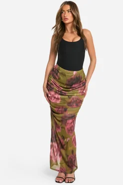 Jupe maxi en maille florale froncée