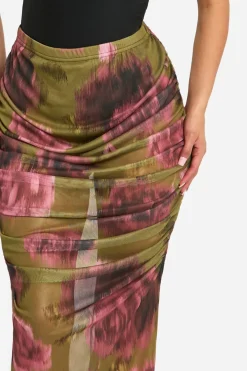Jupe maxi en maille florale froncée