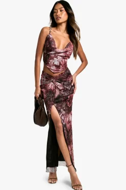 boohoo Jupe Maxi en Mesh Imprimé avec Détail Twist<Femme Jupes|Jupes