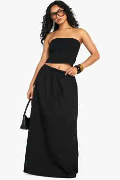 Jupe maxi en popeline de coton à taille avec cordon de serrage