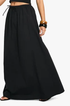 Jupe maxi en popeline de coton à taille avec cordon de serrage