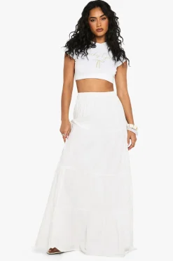 boohoo Jupe maxi en popeline de coton à volants<Femme Jupes|Jupes