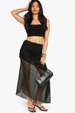Jupe maxi en résille froncée à la taille avec ourlet asymétrique