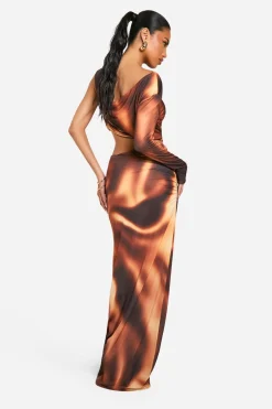 boohoo Jupe maxi en tissu slinky imprimée avec détails découpés<Femme Jupes|Jupes