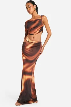 boohoo Jupe maxi en tissu slinky imprimée avec détails découpés<Femme Jupes|Jupes