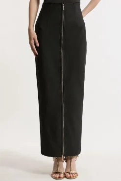 Jupe Maxi Moulante en Maille Bandage Taille Haute avec Détail Zip