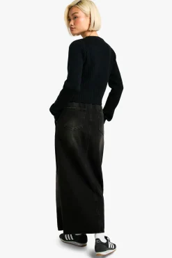 Jupe Maxi Noire Délavée à Ceinture Élastiquée