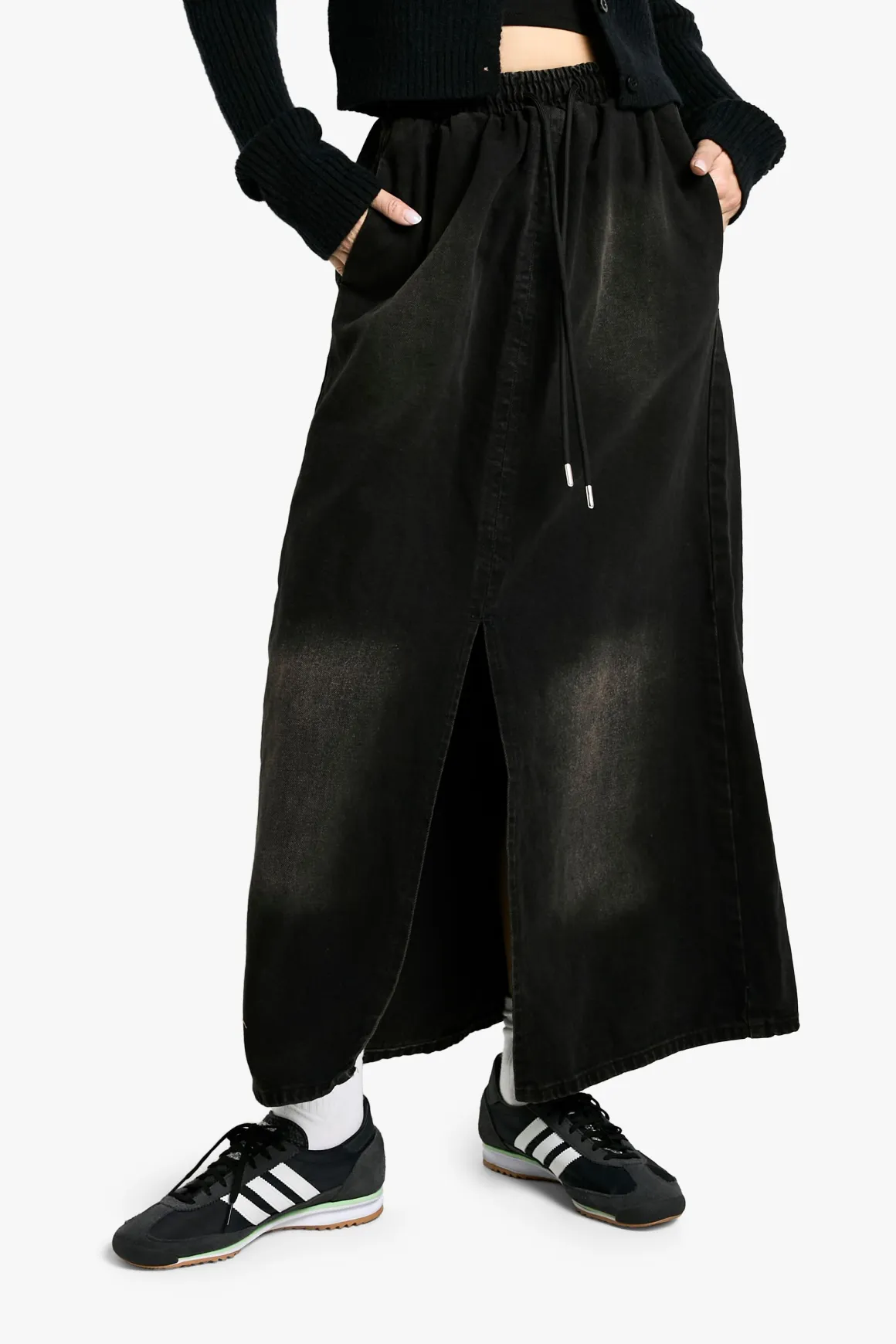 Jupe Maxi Noire Délavée à Ceinture Élastiquée