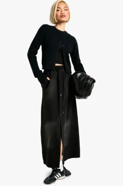 Jupe Maxi Noire Délavée à Ceinture Élastiquée