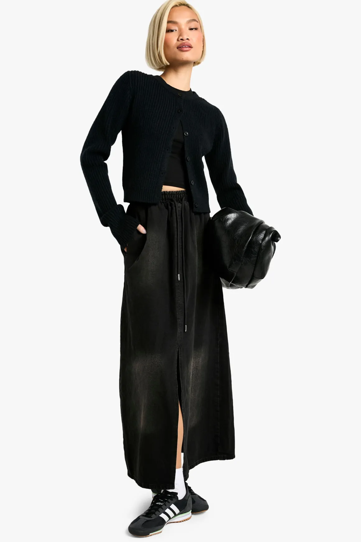 Jupe Maxi Noire Délavée à Ceinture Élastiquée