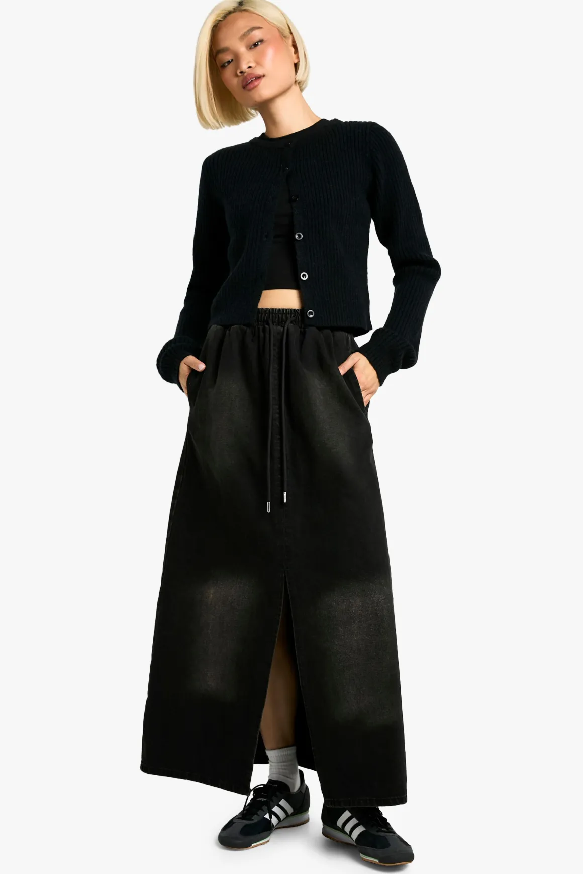 Jupe Maxi Noire Délavée à Ceinture Élastiquée