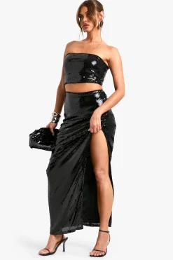 boohoo Jupe Maxi à Paillettes avec Fente Latérale<Femme Jupes|Jupes
