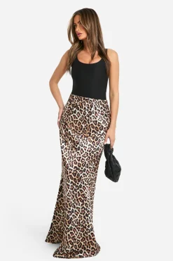 Jupe Maxi Satin à Biais Imprimée Léopard