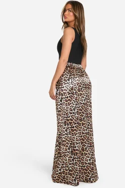Jupe Maxi Satin à Biais Imprimée Léopard