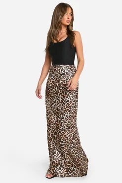 Jupe Maxi Satin à Biais Imprimée Léopard